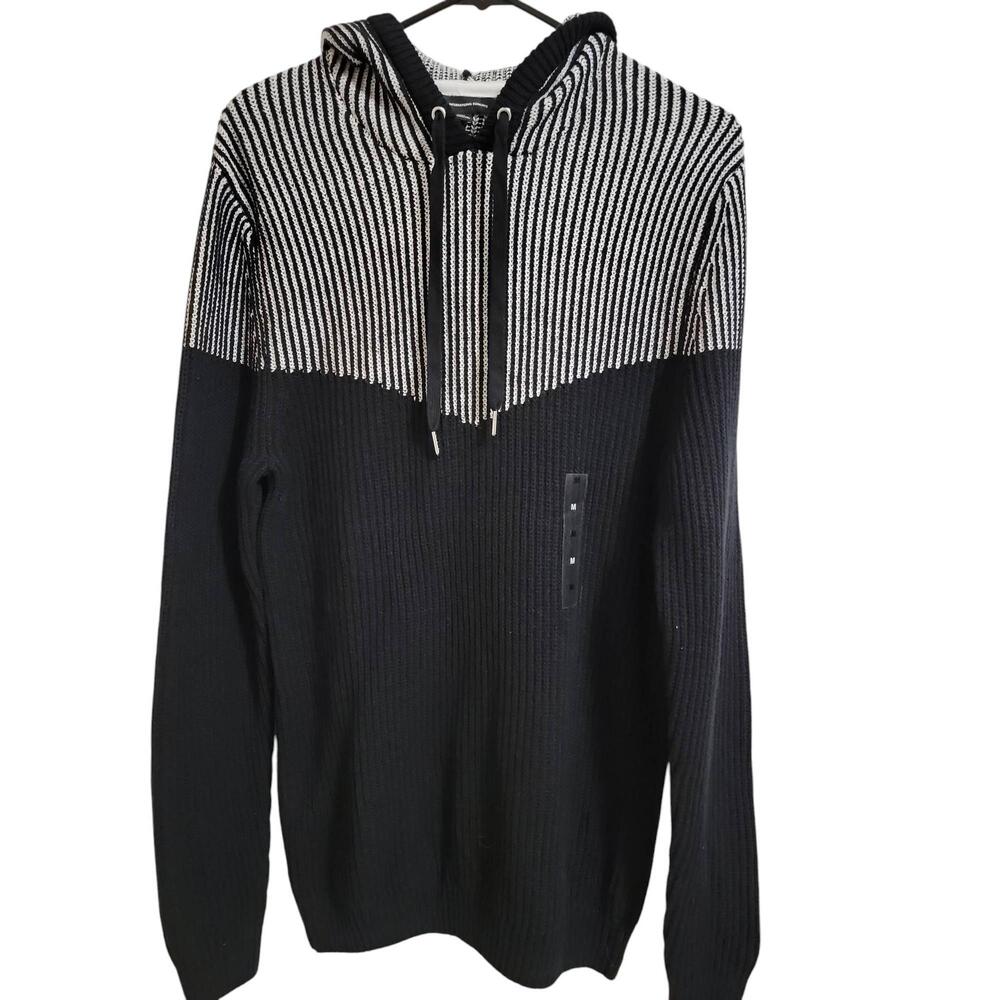 NWT INC International Concepts Men's Black Striped Ribbed Hoodie Sweater Medium